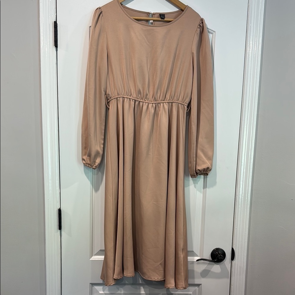 🔵 Classic Champagne Long Sleeve Cinch Waist Dress Size 6